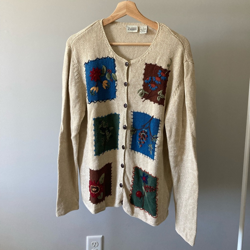 Vintage Knit Cardigan with Floral Patches